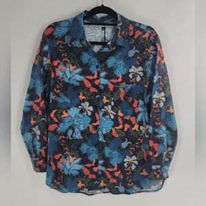 The Kit. Blue w/ Orange Floral Button Down Long Sleeve Zoe Shirt new Size M